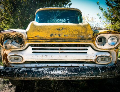 vintage Chevrolet car on forest