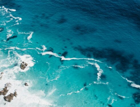 aerial view of seashore with stones